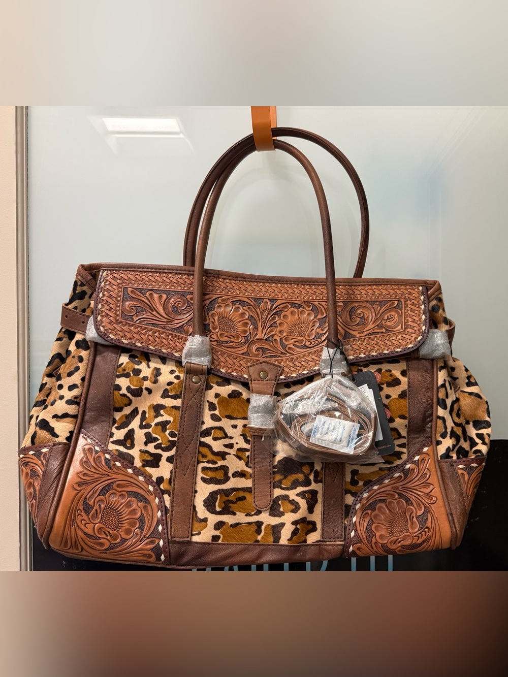 American Darling Leopard Print Tote with Tooled Brown Leather Trim